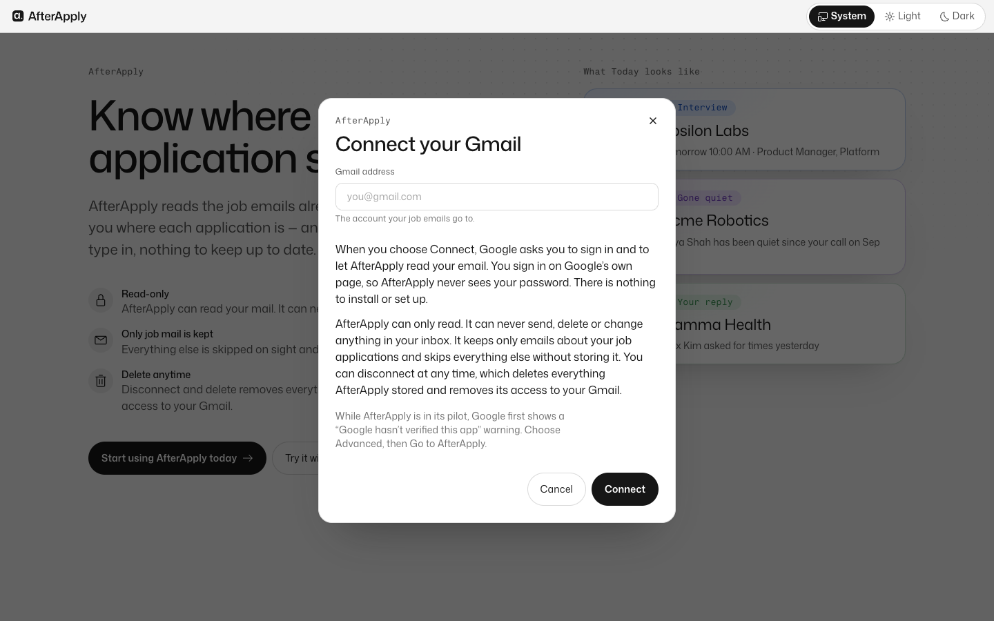 The Connect your Gmail window, with the privacy paragraph in plain sentences