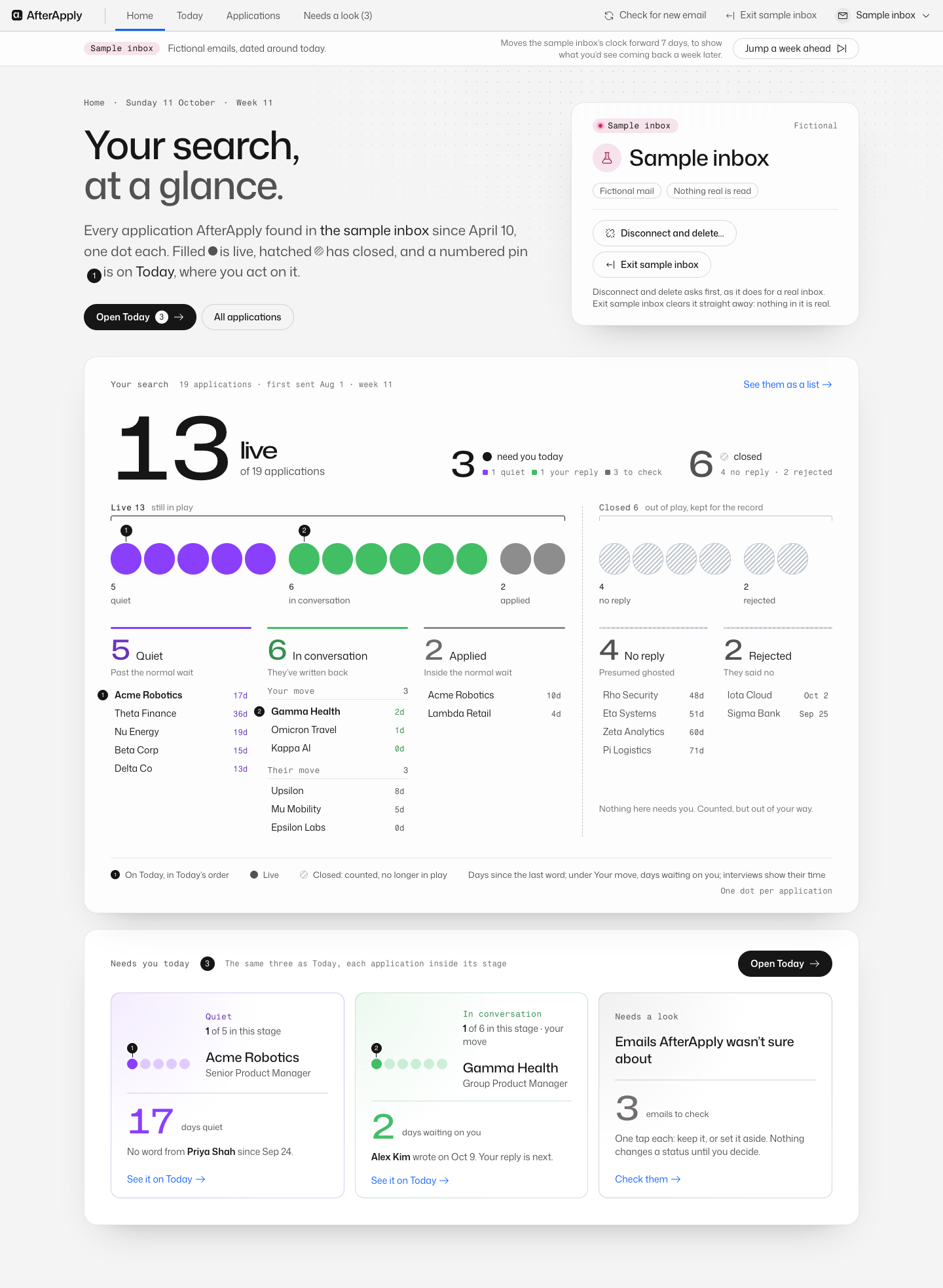 AfterApply’s Home page on a laptop: your search at a glance, with every application as one dot in its stage