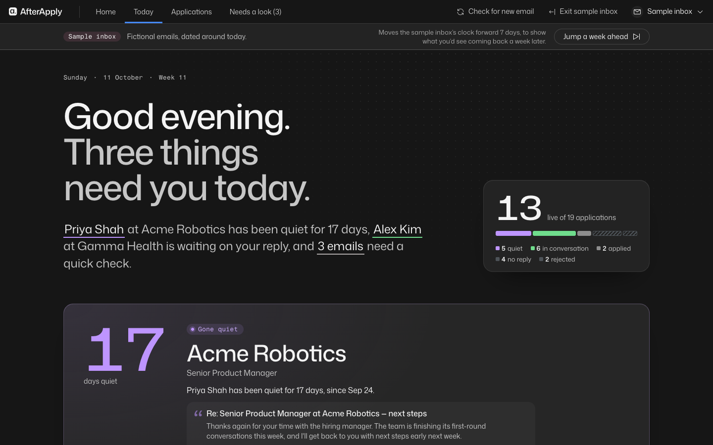 Today in dark mode, every status written out in words