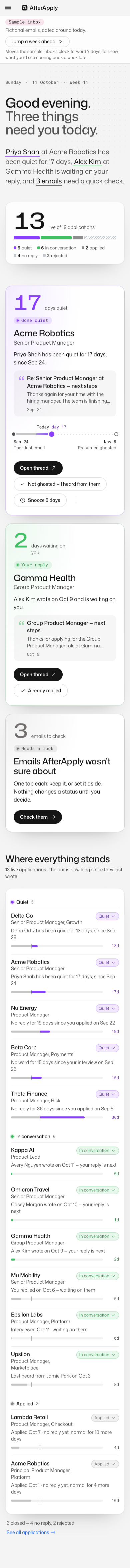 AfterApply’s Today page on a phone: three things need you today