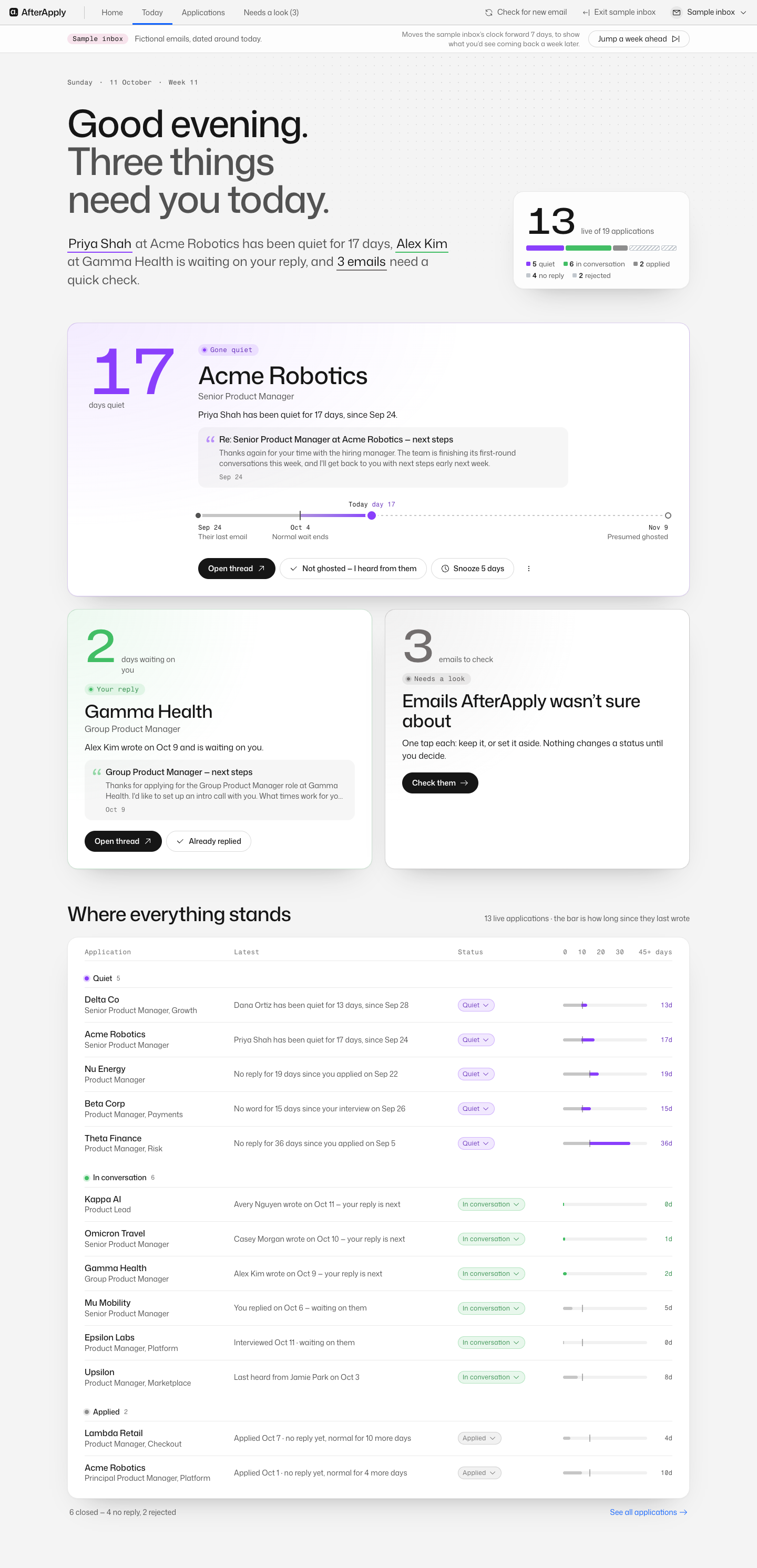 AfterApply’s Today page: three cards, then a list of where every live application stands