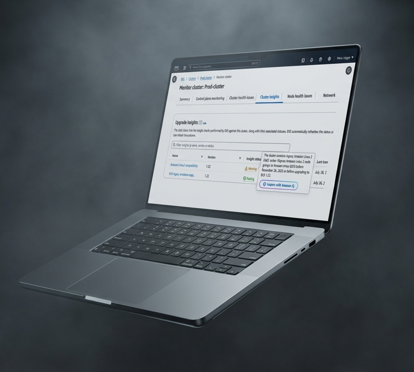 The EKS console on a laptop: the Cluster insights tab, where an upgrade warning opens a popover with an Inspect with Amazon Q button