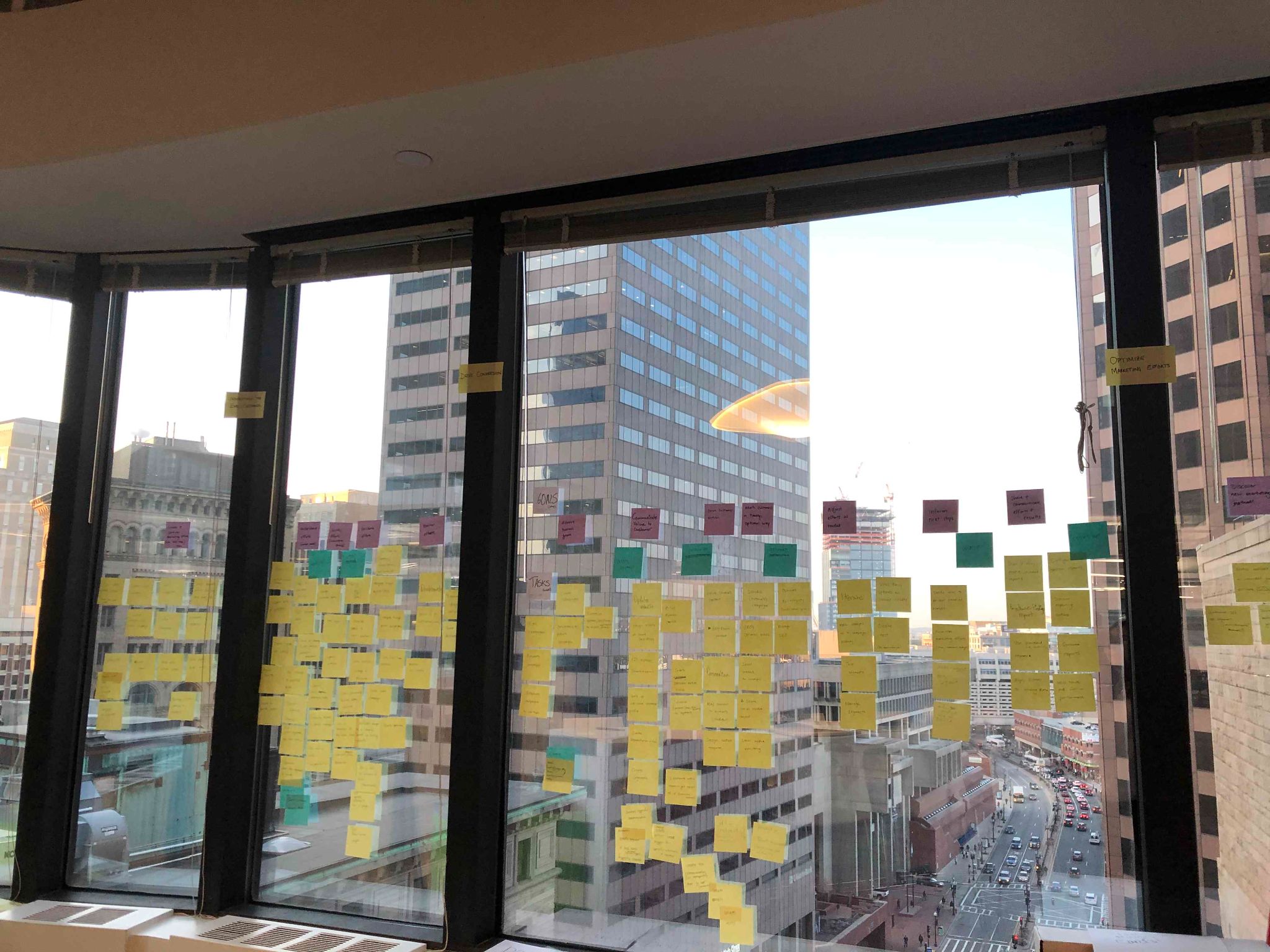 Office windows covered in sticky notes: columns of yellow notes under pink and green headers, the synthesis of the research against the Boston skyline